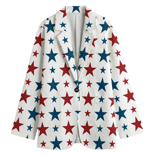 Red And Blue USA Star Pattern Print Women's Cotton Blazer