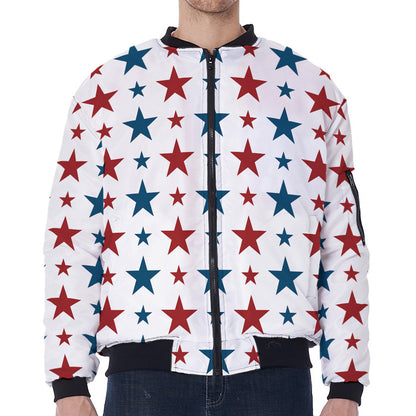 Red And Blue USA Star Pattern Print Zip Sleeve Bomber Jacket