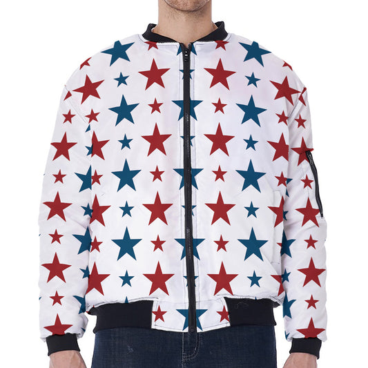 Red And Blue USA Star Pattern Print Zip Sleeve Bomber Jacket