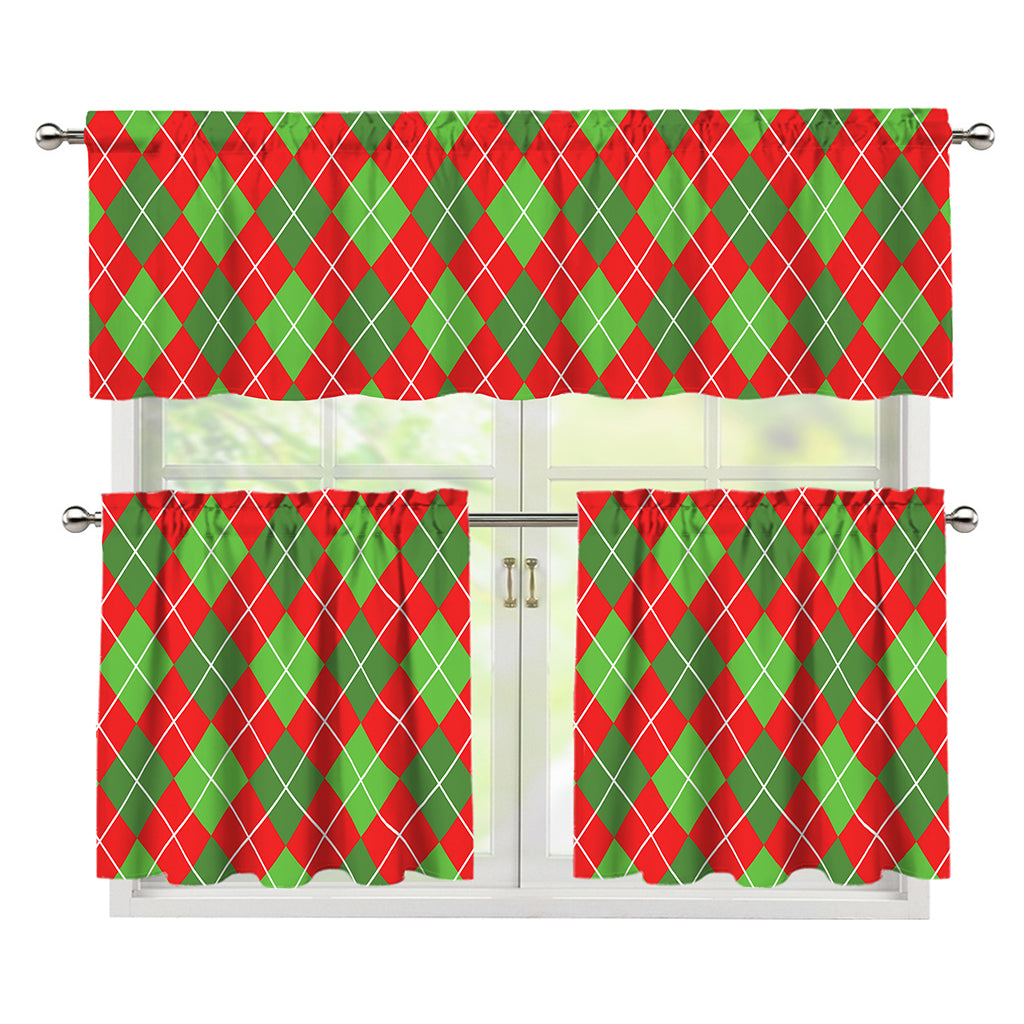 Red And Green Argyle Pattern Print 3 Piece Kitchen Curtains