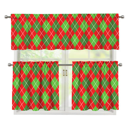 Red And Green Argyle Pattern Print 3 Piece Kitchen Curtains