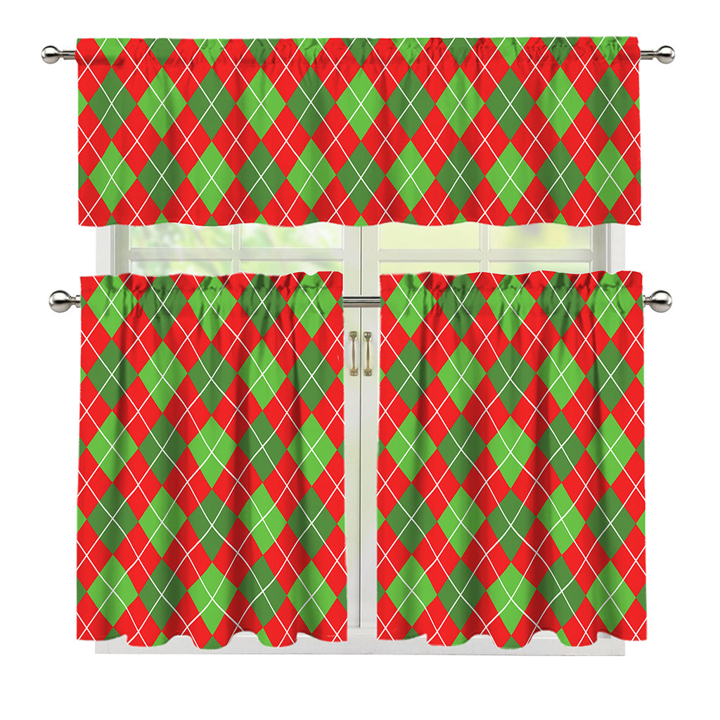 Red And Green Argyle Pattern Print 3 Piece Kitchen Curtains