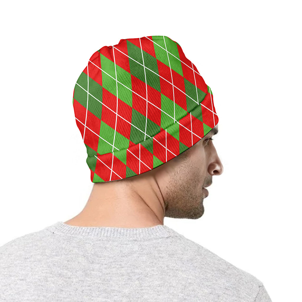 Red And Green Argyle Pattern Print Beanie