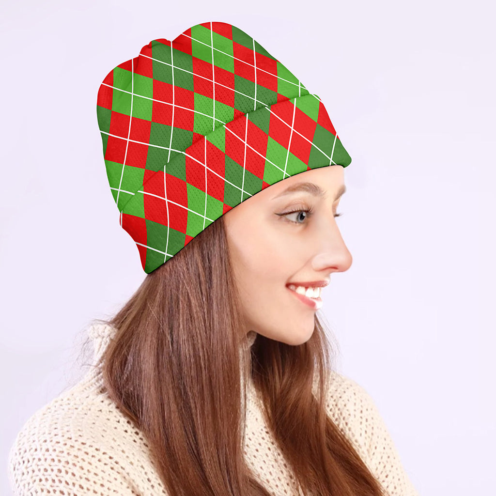 Red And Green Argyle Pattern Print Beanie