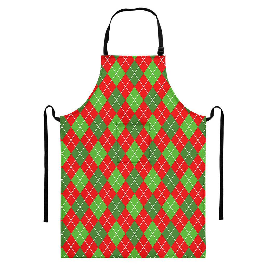Red And Green Argyle Pattern Print Bib Apron With Pocket