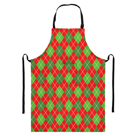 Red And Green Argyle Pattern Print Bib Apron With Pocket