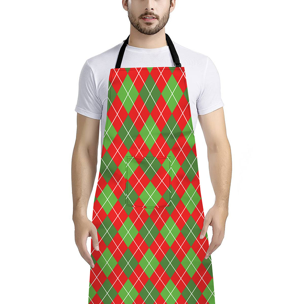 Red And Green Argyle Pattern Print Bib Apron With Pocket