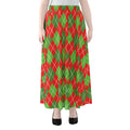 Red And Green Argyle Pattern Print Chiffon Maxi Skirt