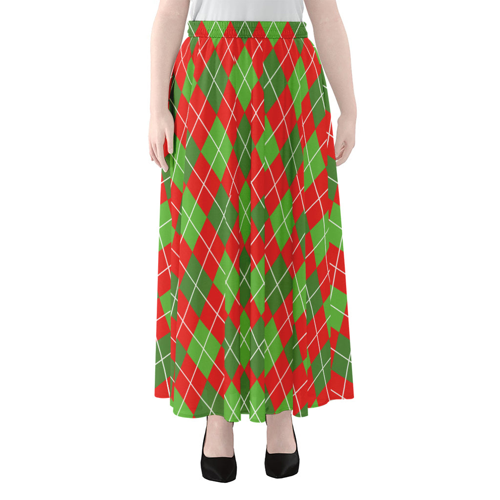Red And Green Argyle Pattern Print Chiffon Maxi Skirt