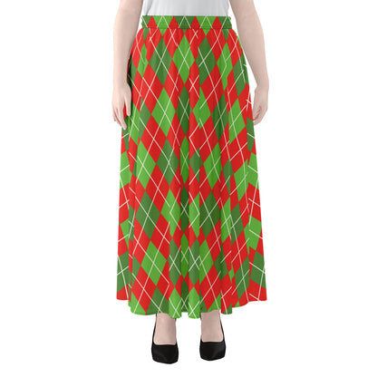 Red And Green Argyle Pattern Print Chiffon Maxi Skirt