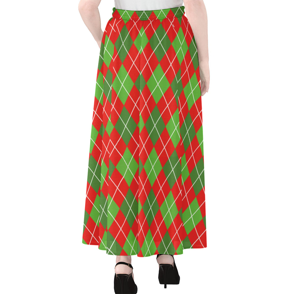 Red And Green Argyle Pattern Print Chiffon Maxi Skirt