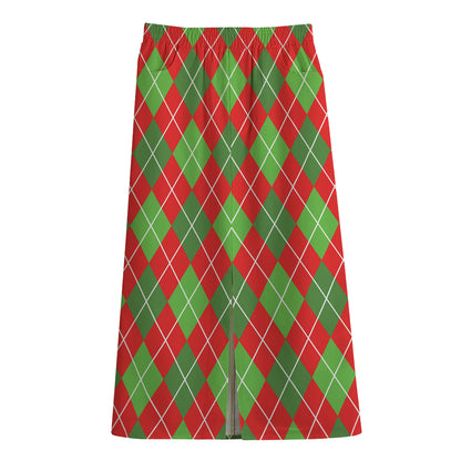 Red And Green Argyle Pattern Print Cotton Front Slit Maxi Skirt