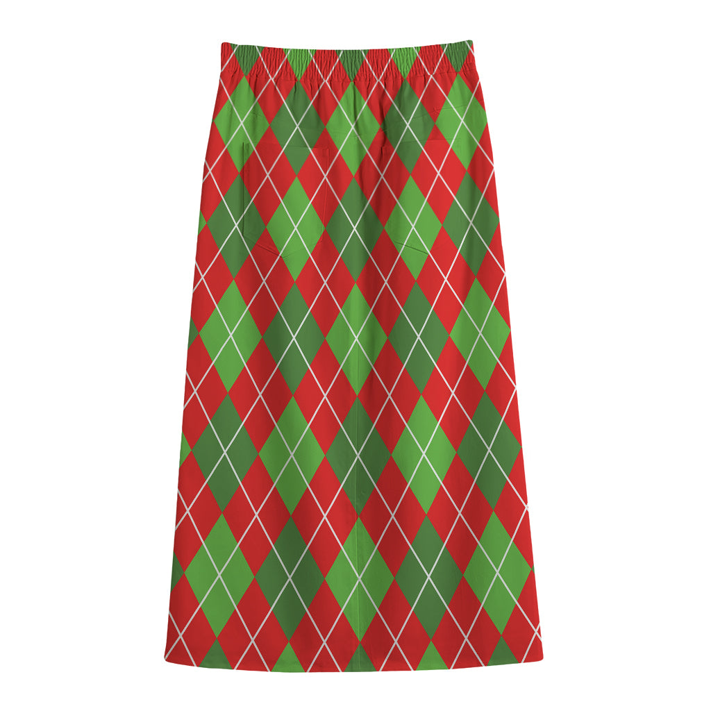 Red And Green Argyle Pattern Print Cotton Front Slit Maxi Skirt