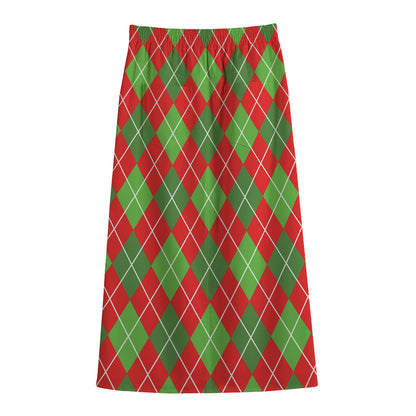 Red And Green Argyle Pattern Print Cotton Front Slit Maxi Skirt