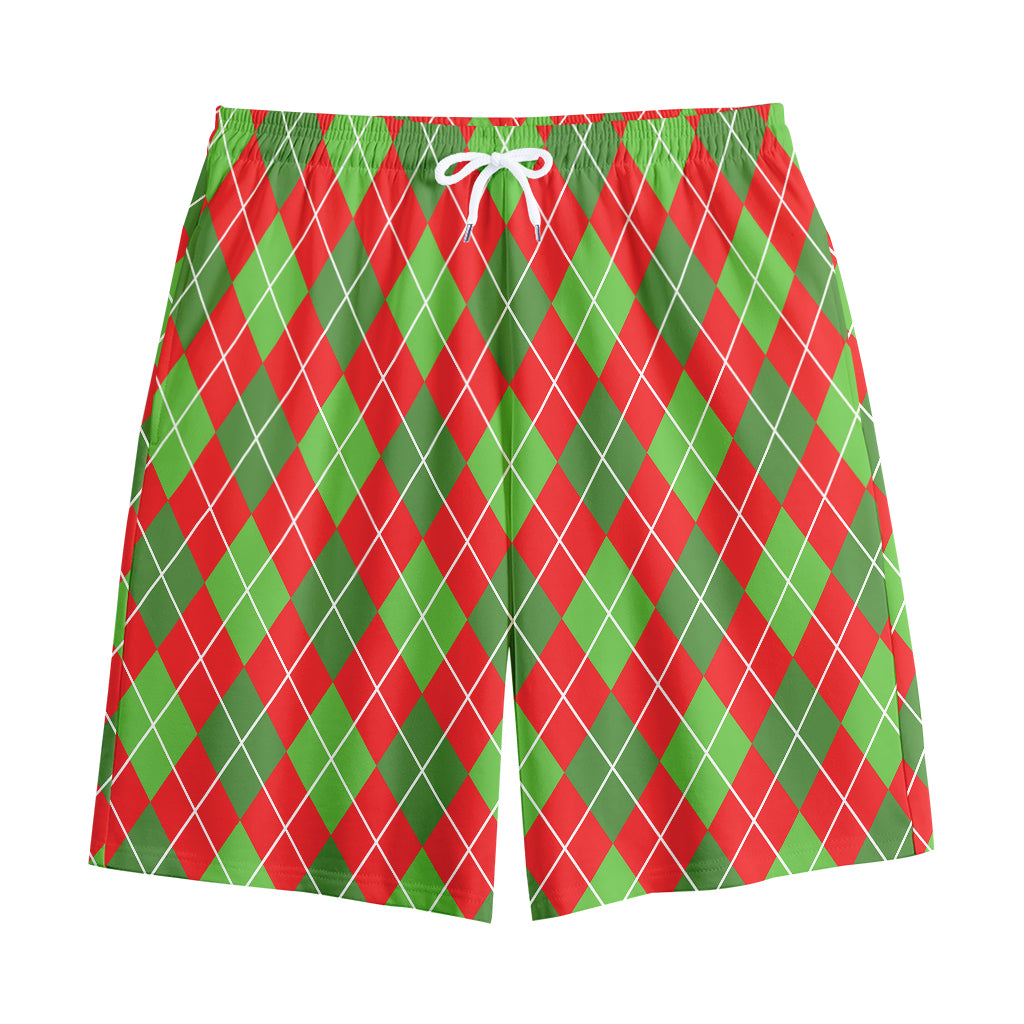 Red And Green Argyle Pattern Print Cotton Shorts