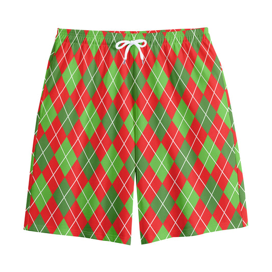 Red And Green Argyle Pattern Print Cotton Shorts