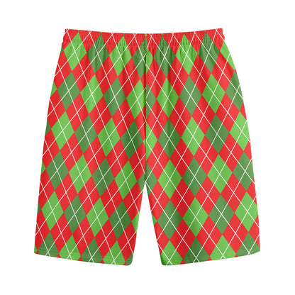 Red And Green Argyle Pattern Print Cotton Shorts