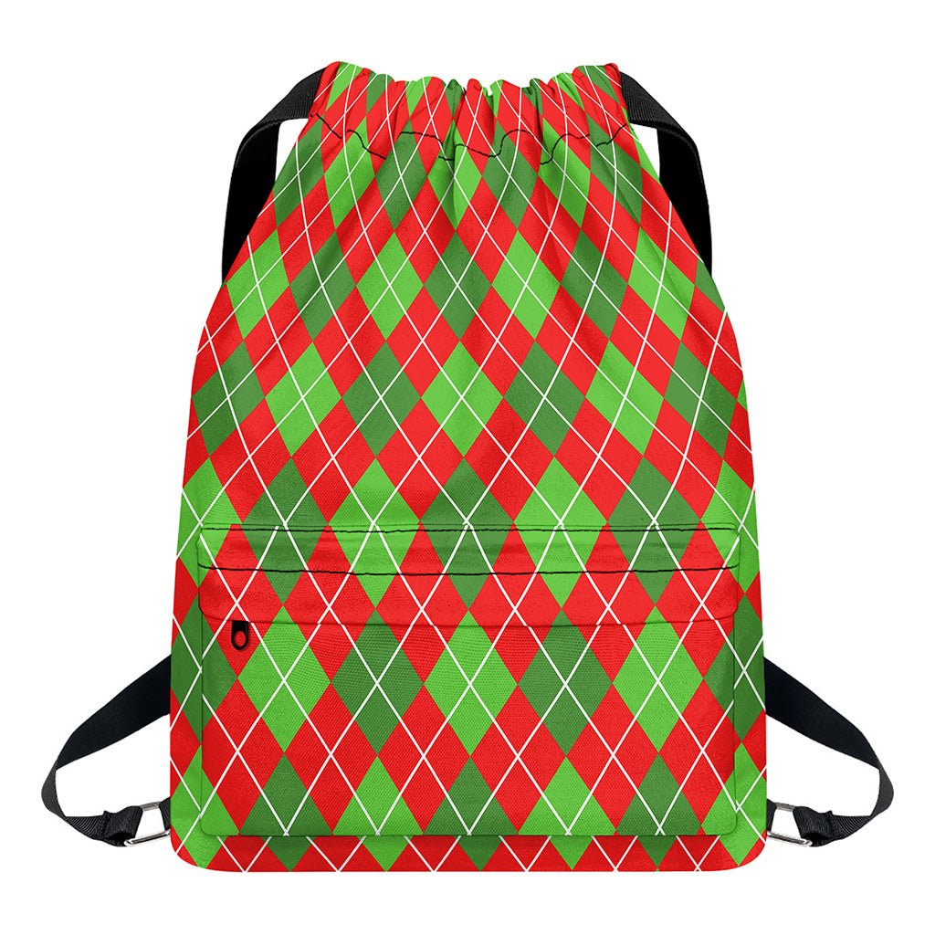 Red And Green Argyle Pattern Print Drawstring Backpack