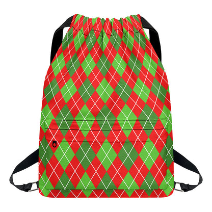 Red And Green Argyle Pattern Print Drawstring Backpack