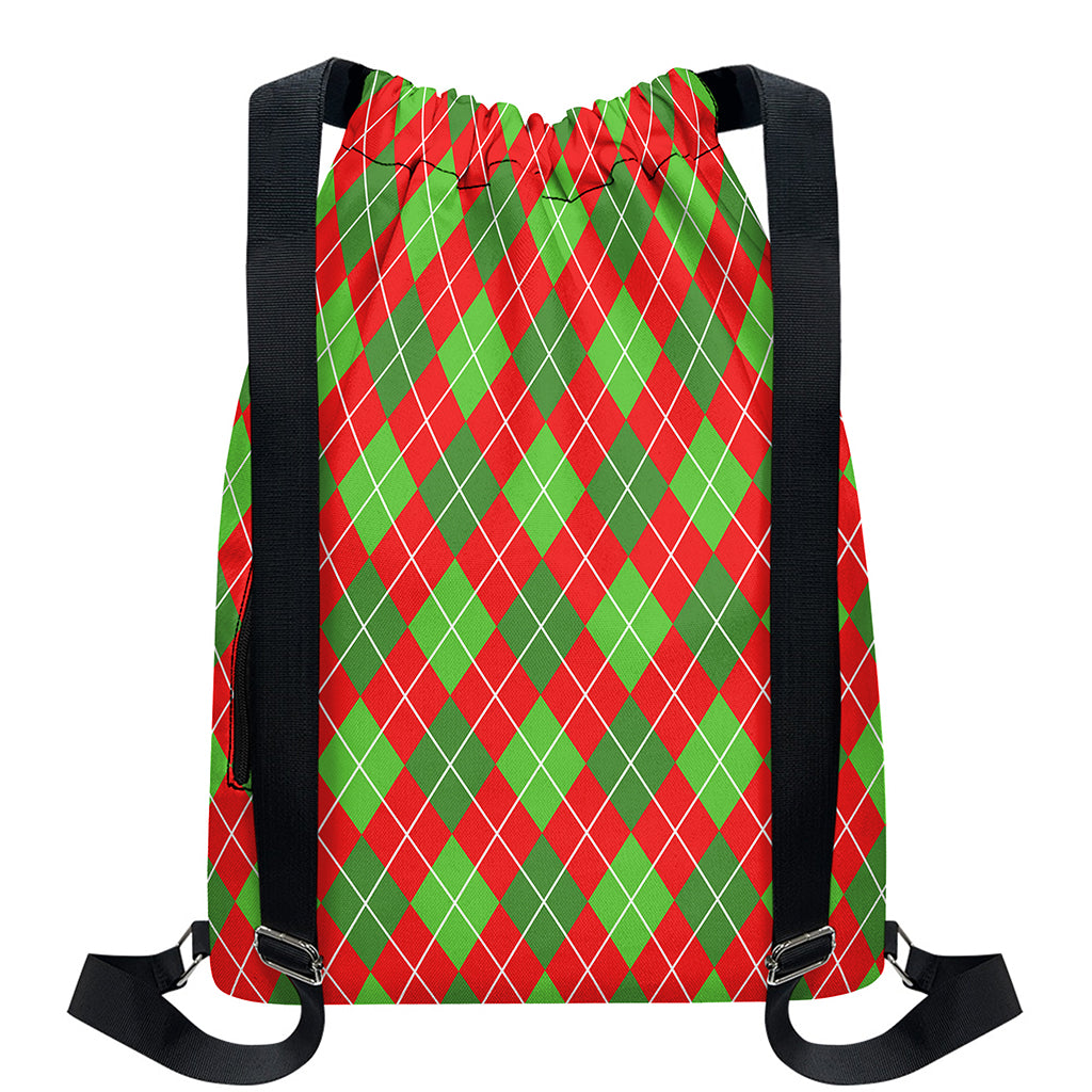 Red And Green Argyle Pattern Print Drawstring Backpack