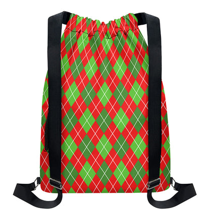 Red And Green Argyle Pattern Print Drawstring Backpack