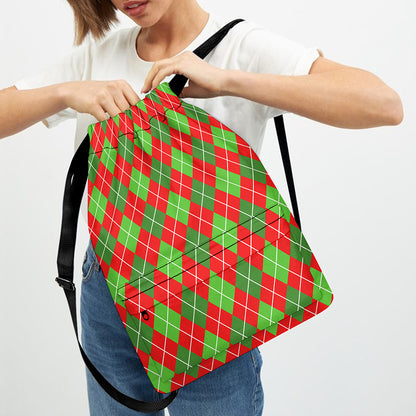 Red And Green Argyle Pattern Print Drawstring Backpack