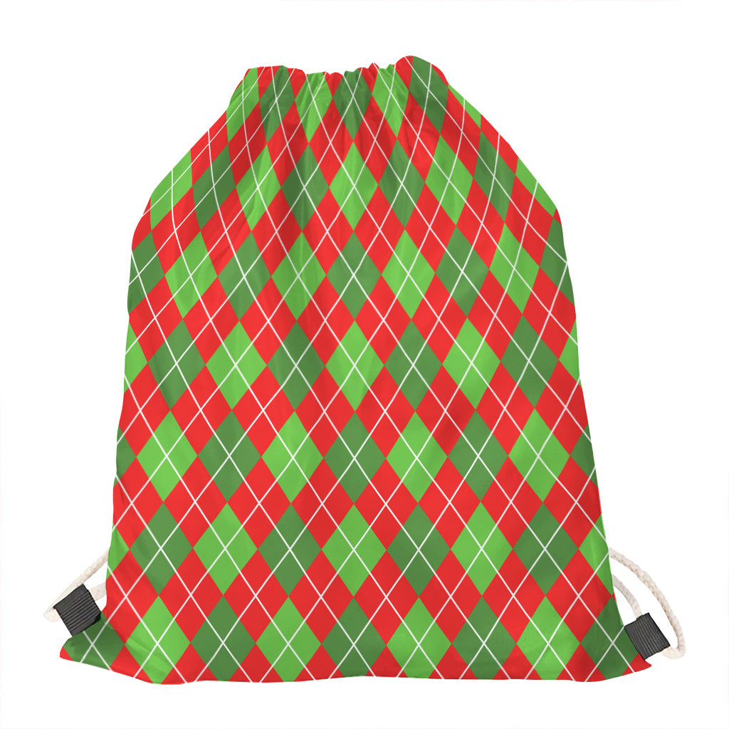 Red And Green Argyle Pattern Print Drawstring Bag