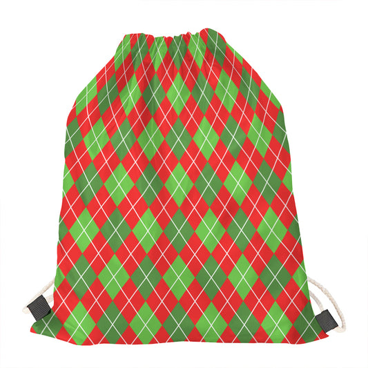 Red And Green Argyle Pattern Print Drawstring Bag