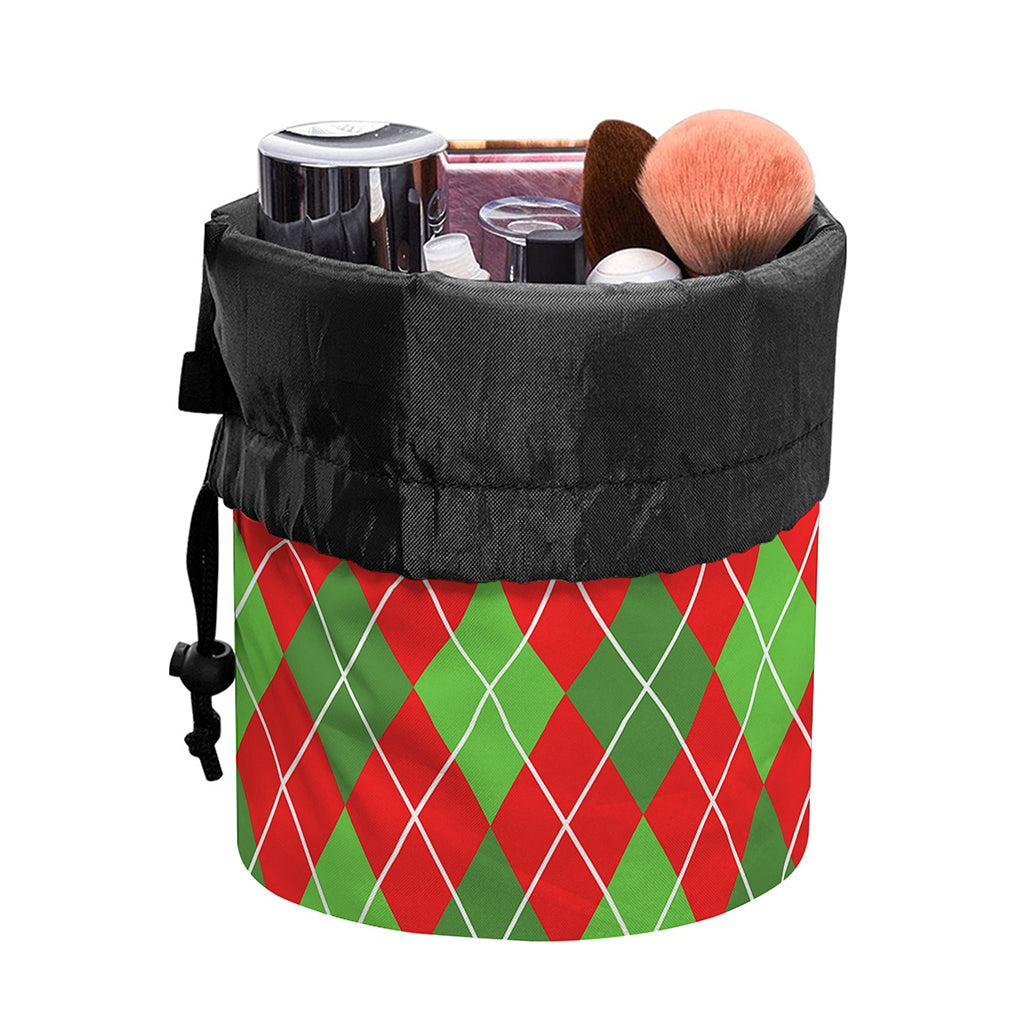 Red And Green Argyle Pattern Print Drawstring Makeup Bag