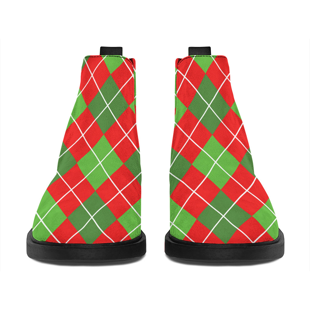 Red And Green Argyle Pattern Print Flat Ankle Boots