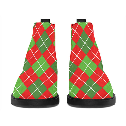 Red And Green Argyle Pattern Print Flat Ankle Boots