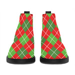 Red And Green Argyle Pattern Print Flat Ankle Boots