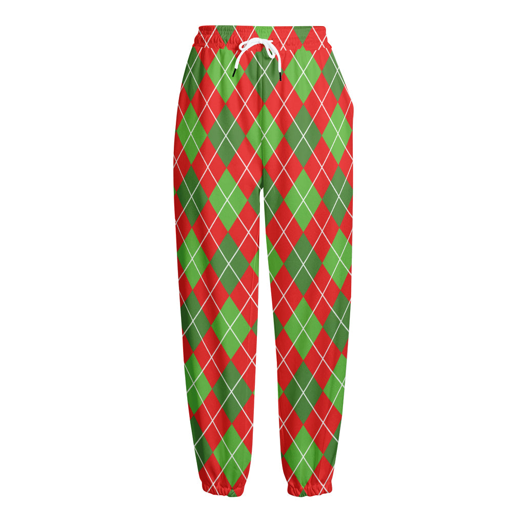 Red And Green Argyle Pattern Print Fleece Lined Knit Pants