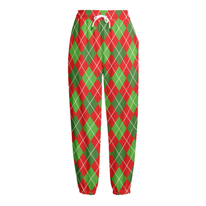 Red And Green Argyle Pattern Print Fleece Lined Knit Pants