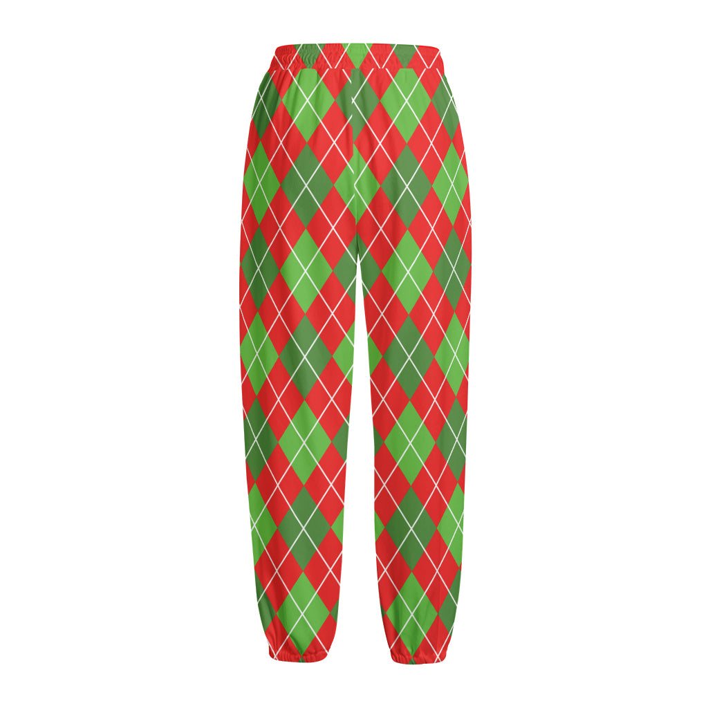 Red And Green Argyle Pattern Print Fleece Lined Knit Pants