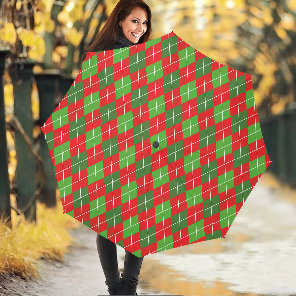 Red And Green Argyle Pattern Print Foldable Umbrella