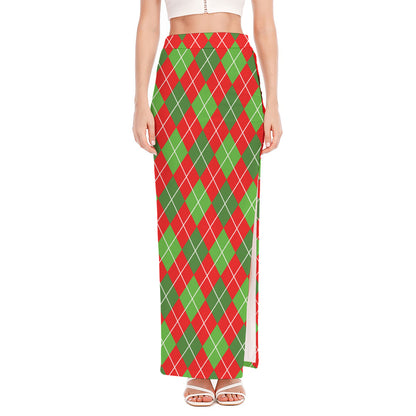 Red And Green Argyle Pattern Print High Slit Maxi Skirt