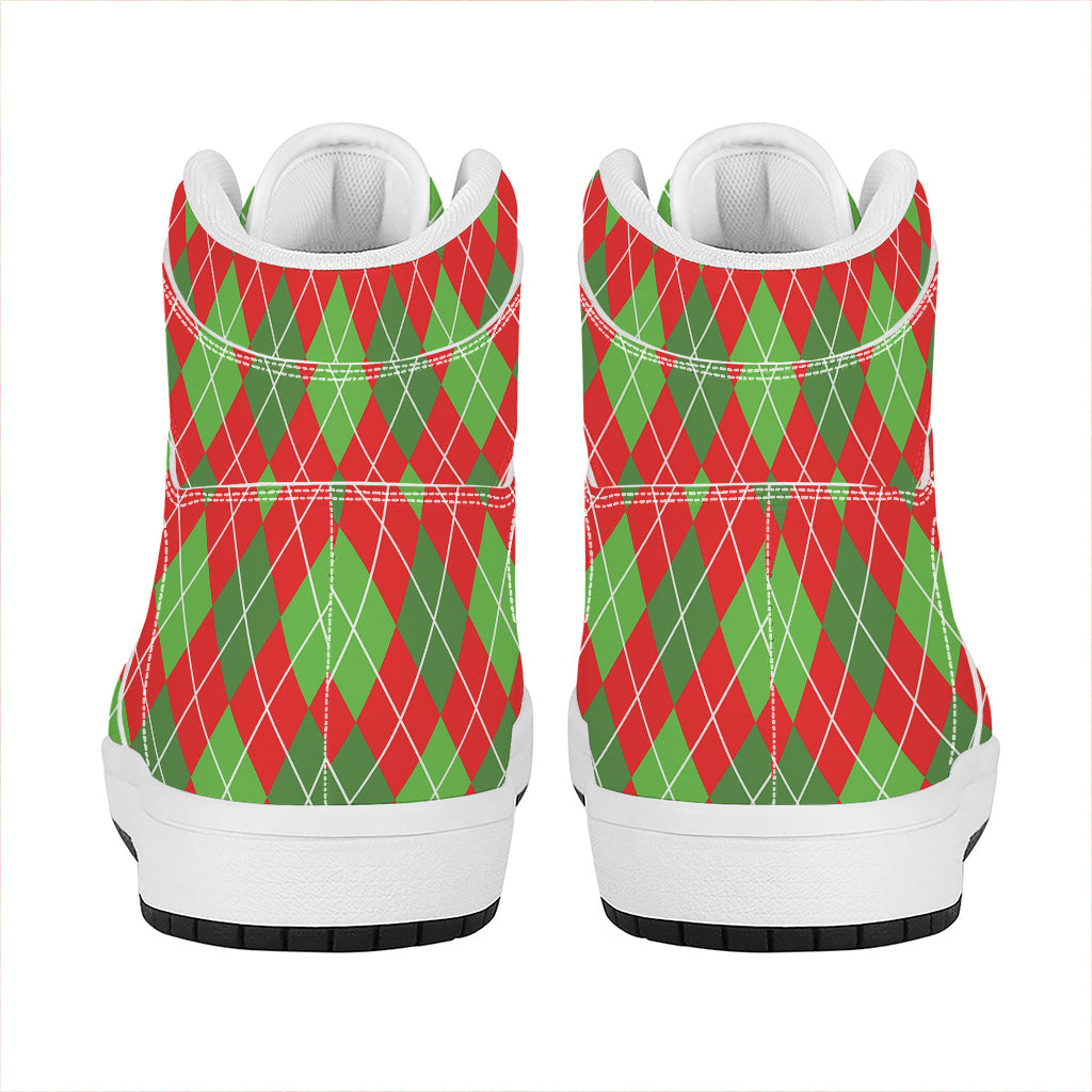 Red And Green Argyle Pattern Print High Top Leather Sneakers