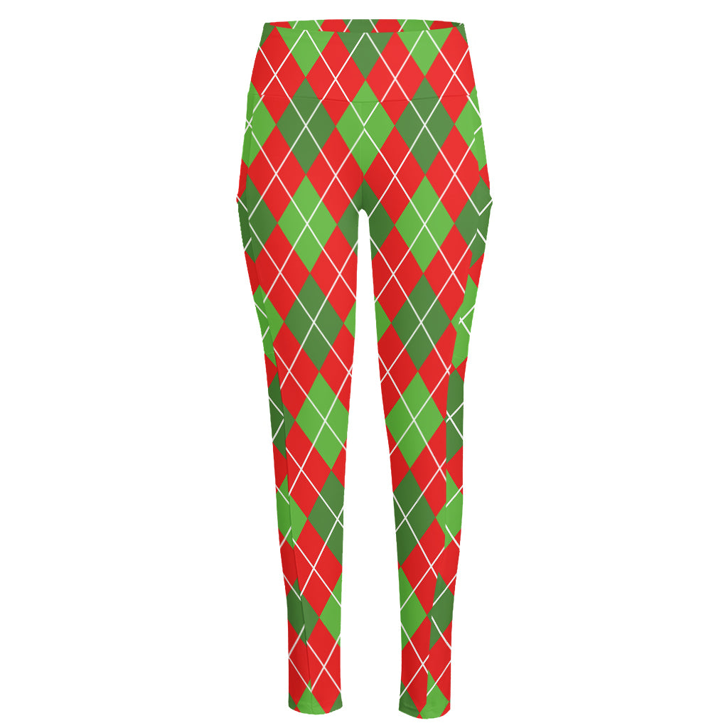 Red And Green Argyle Pattern Print High-Waisted Pocket Leggings