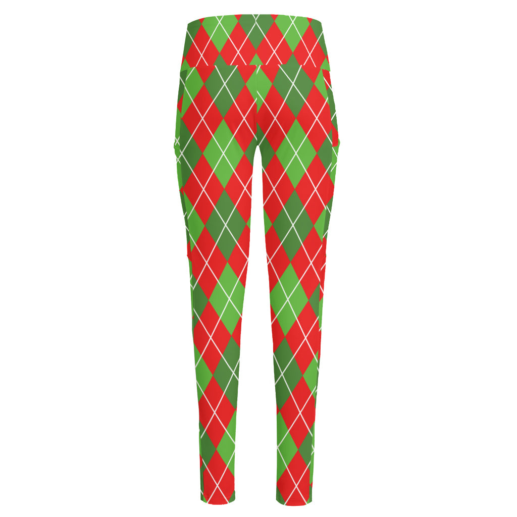 Red And Green Argyle Pattern Print High-Waisted Pocket Leggings