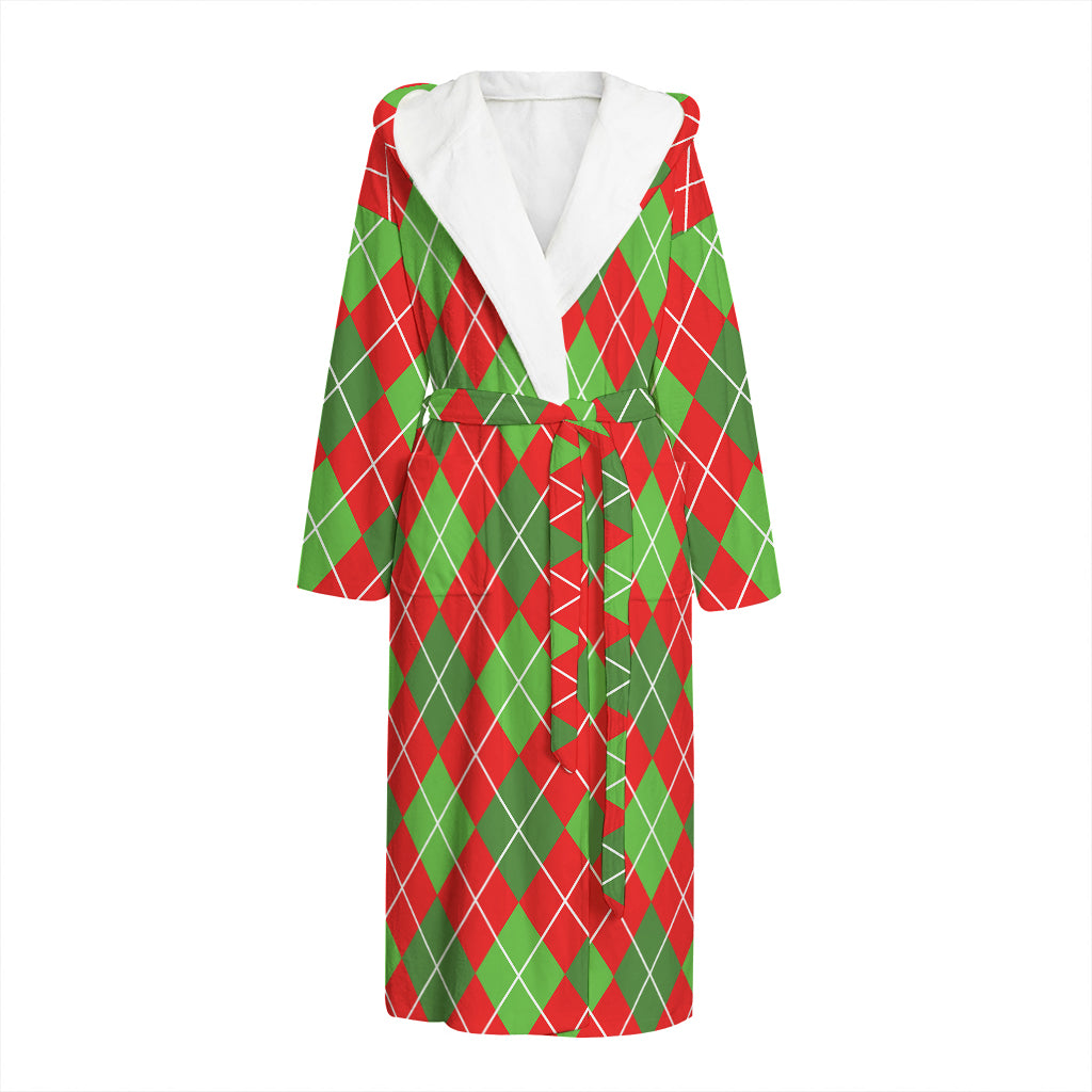 Red And Green Argyle Pattern Print Hooded Bathrobe