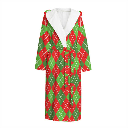 Red And Green Argyle Pattern Print Hooded Bathrobe