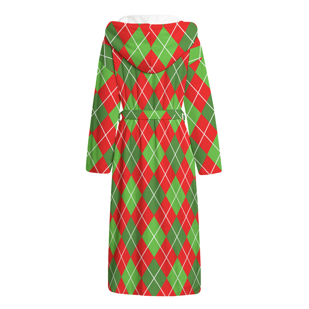 Red And Green Argyle Pattern Print Hooded Bathrobe