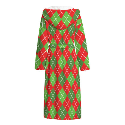 Red And Green Argyle Pattern Print Hooded Bathrobe