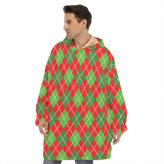 Red And Green Argyle Pattern Print Hoodie Blanket