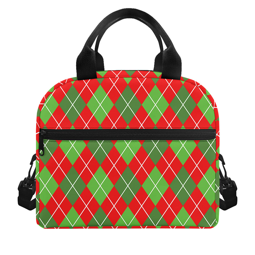 Red And Green Argyle Pattern Print Insulated Lunch Bag