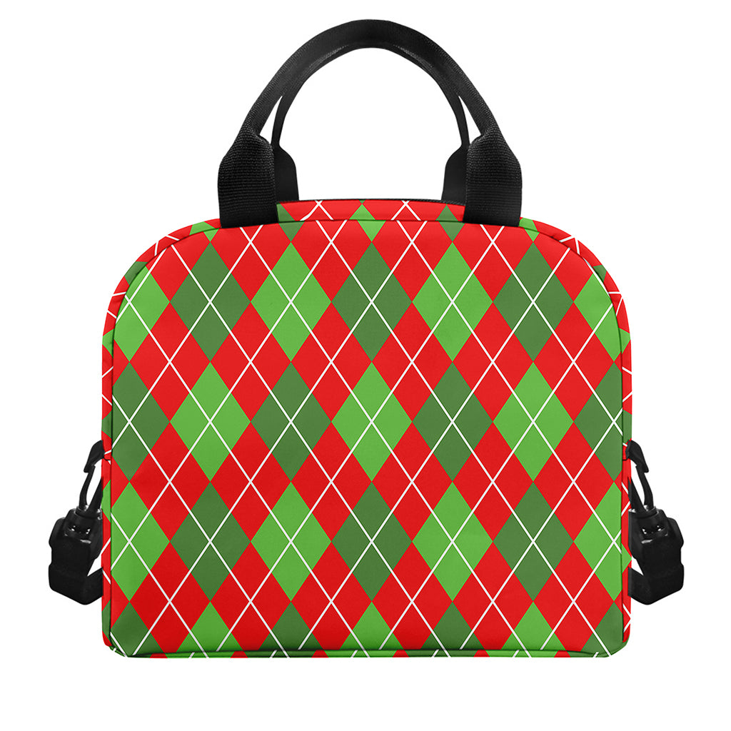 Red And Green Argyle Pattern Print Insulated Lunch Bag