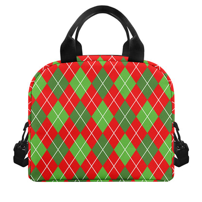 Red And Green Argyle Pattern Print Insulated Lunch Bag
