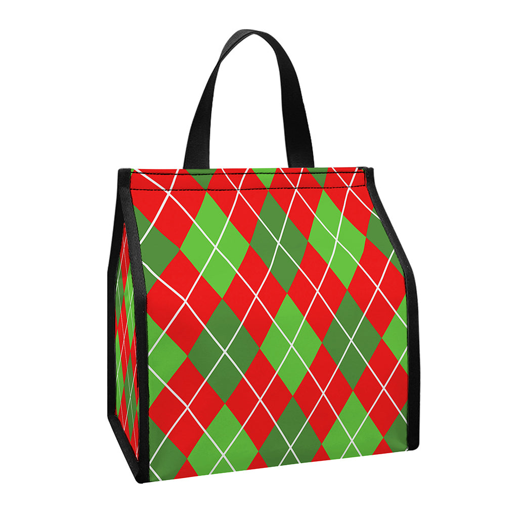 Red And Green Argyle Pattern Print Insulated Lunch Tote