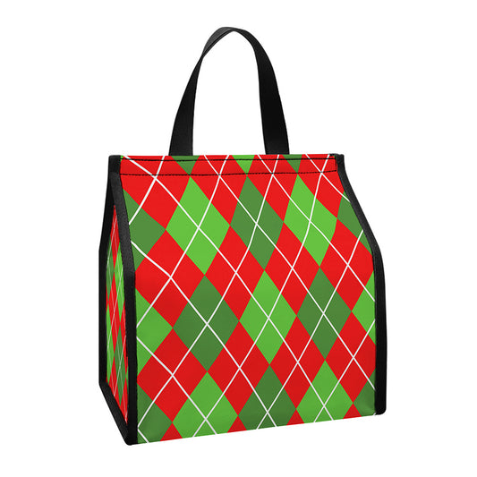 Red And Green Argyle Pattern Print Insulated Lunch Tote